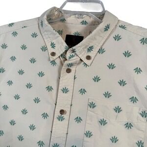 Prana Mens Large Button Down Short Sleeve Shirt Cream Green Plant Print